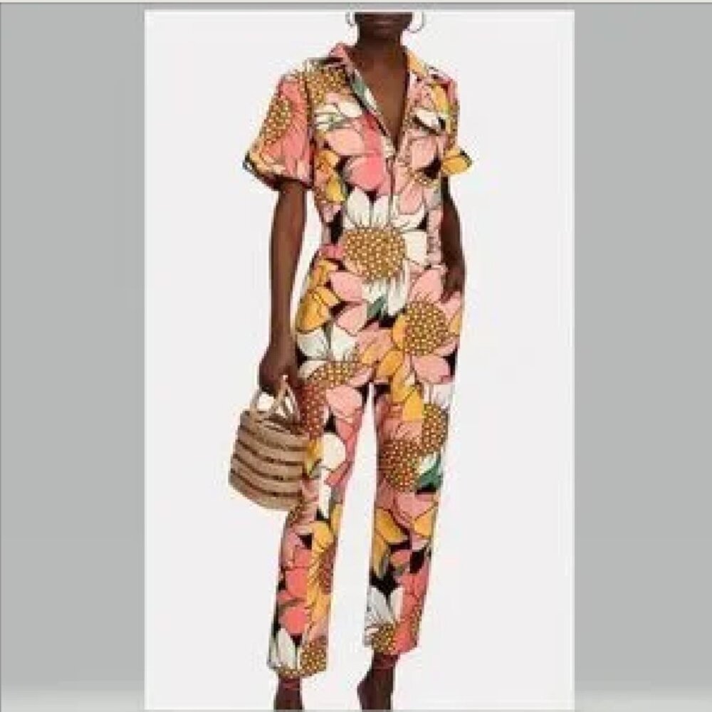 Farm Rio Anthropologie Floral Utility Jumpsuit Button Front Cotton XL